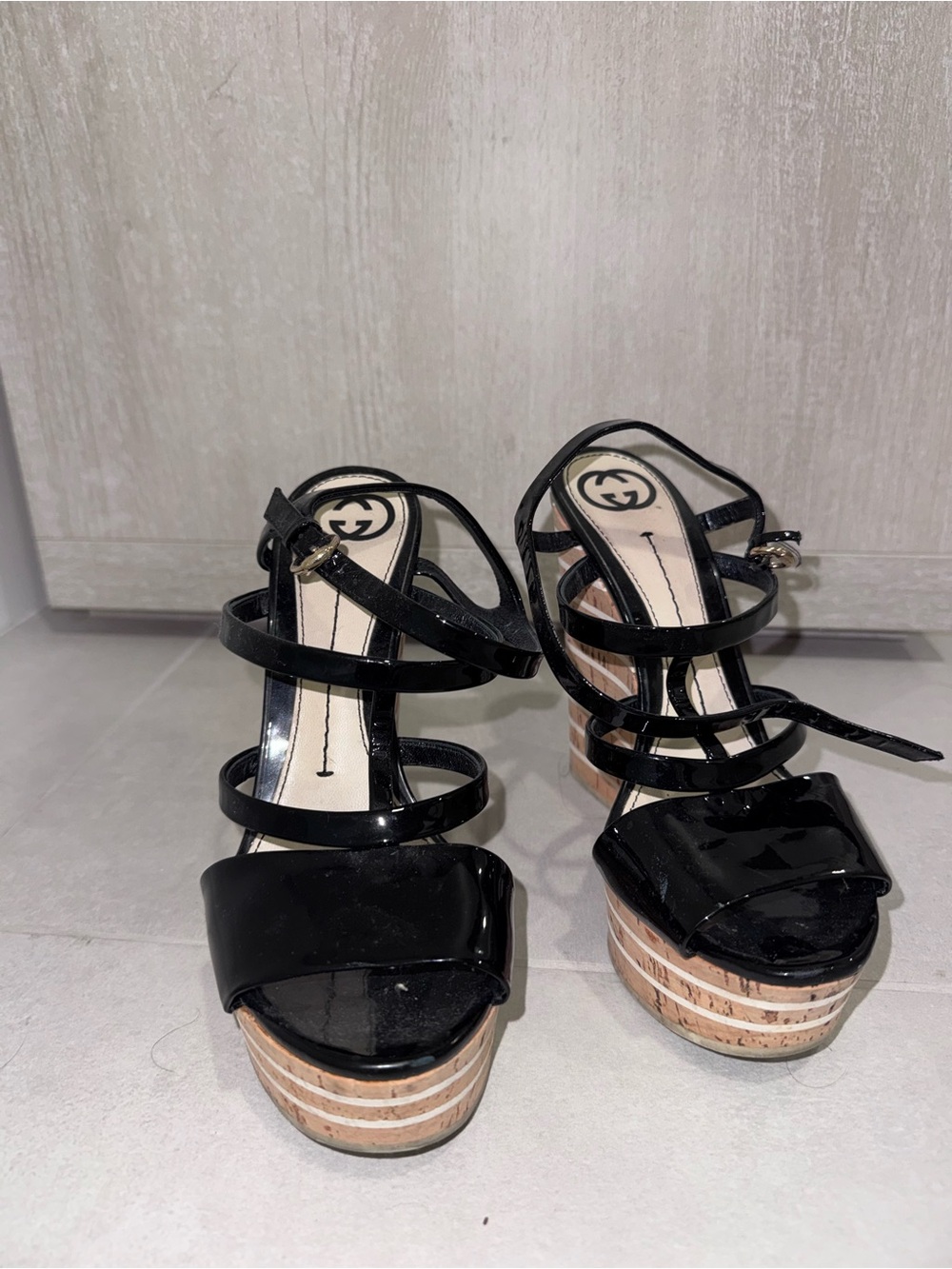 Gucci Black Patent Strappy Platform Sandals with Cork-Style Wedge